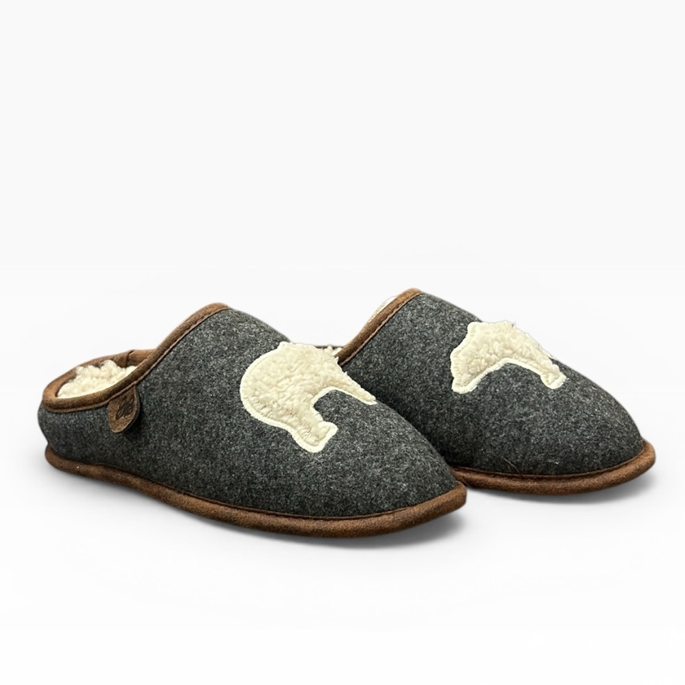 Eddie Bauer Women's Sherpa Lined Clog Slippers Dark Heather Grey Bear Motif - Picture 9 of 14